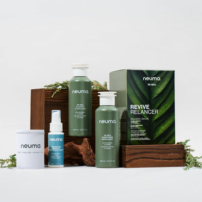 NEUMA Glow Strong. Glow Bright. Revive Gift Set. Re Neu 8.5 Fl Oz. Shampoo and Conditioner + Neu Moisture 2 Fl. Oz. Instant Fix + Aroma Therapy Travel Candle