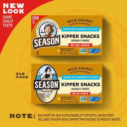 Season Kipper Snacks - Boneless Herring Fillets, No Salt Added, Naturally Smoked, Wild Caught, Keto Snacks, Certified Sustainable Seafood, Non-GMO, 18g of Protein - 3.25 Oz, 12-Pack