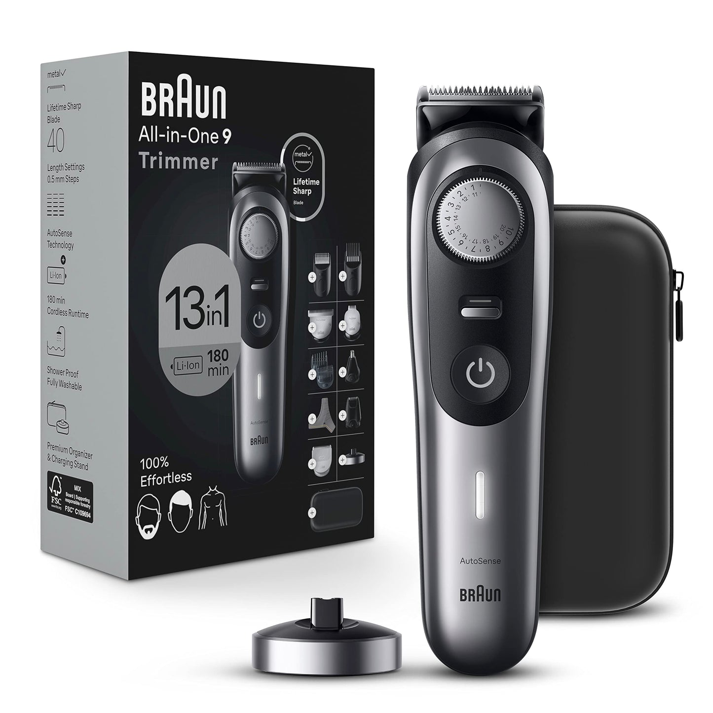 Braun Series 9 All-in-One Multi Grooming Kit for Men, 13-in-1 Beard Trimmer, Body Groomer, Hair Clipper and Manscaping for Face & Body, 9440