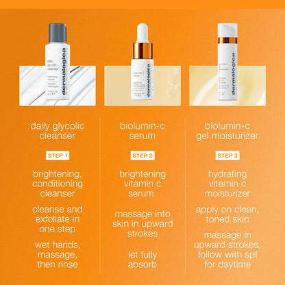 Dermalogica Daily Brightness Boosters Facial Skin Care Kit - Contains BioLumin-C Serum (0.3 oz), BioLumin-C Gel Moisturizer (0.5 oz), and Daily Glycolic Cleanser (1 oz)
