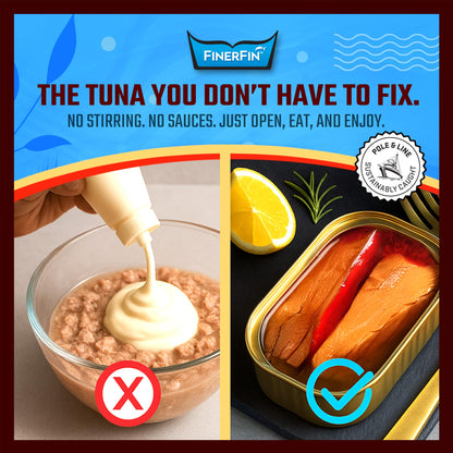 FinerFin Yellowfin Tuna Fillets in Organic Olive Oil | Spicy Chili Flavor | Premium Canned Tuna Fish with EVOO | Gourmet Ready-to-Eat Pole & Line Caught Fillets | 4.4oz can - 12 Pack