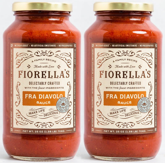 Fiorella's Fra Diavolo, Arrabbiata Sauce - Tomato Sauce Made with Fresh Ingredients - Seed Oil Free, No Sugar Added, No Preservatives Added, No Artificial Sweeteners, Pasta Sauce, 25 Oz (Pack of 2)