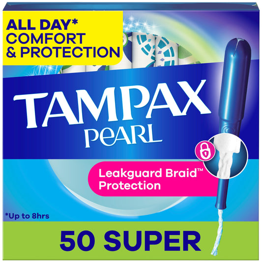 Tampax Pearl Tampons for Women, with LeakGuard Braid, Super Absorbency, Unscented, 50 Count