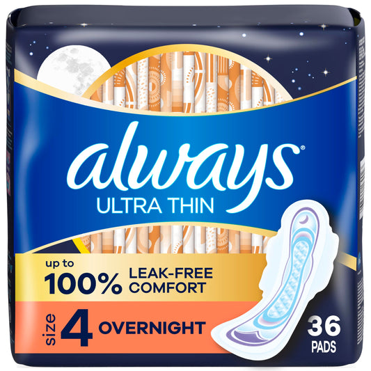 Always Ultra Thin Feminine Pads with Wings for Women, Size 4, Overnight Absorbency, Unscented, Up to 100% Leak-Free Comfort, 36 Count