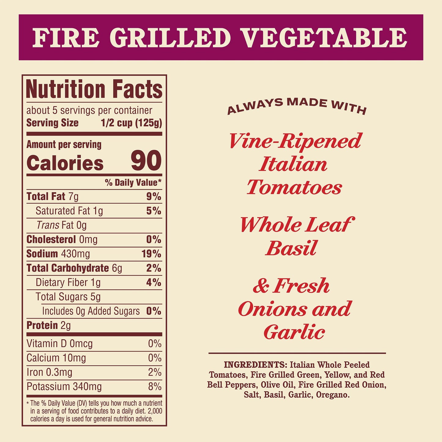 Rao's Homemade Fire Grilled Vegetable Pasta Sauce, 24 oz, Tomato Sauce, All Purpose, Premium Quality, Tomatoes from Italy, Peppers, and Red Onion