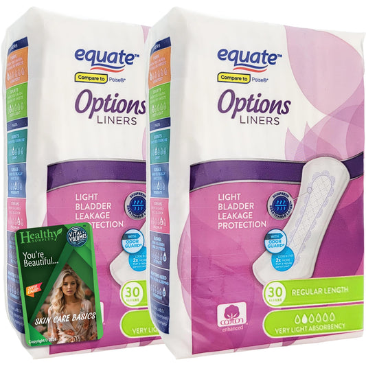 Equate Options Liners - 2 Packs of 30 (60 Total) - Light Bladder Leakage Protection - Regular Length and Vital Volumes Tips Card Bundle