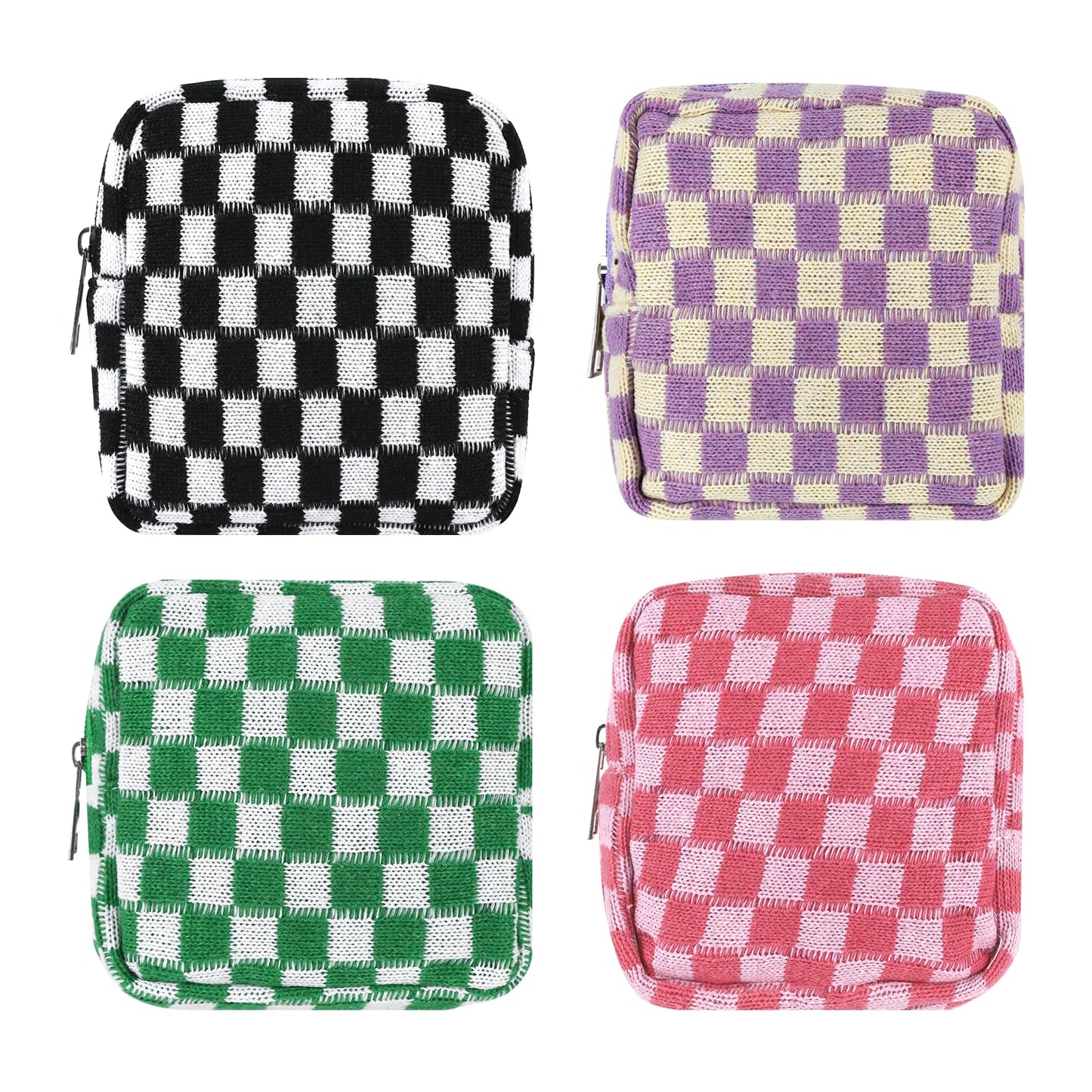 4 PCS Sanitary Napkin Storage Bag, Menstrual Pad Zipper Period Pouch Portable Period Bag Panty Liners, Pad Pouch with Zipper for Women Ladies Daily Use Purse Travel(Checkered,4 Colors)