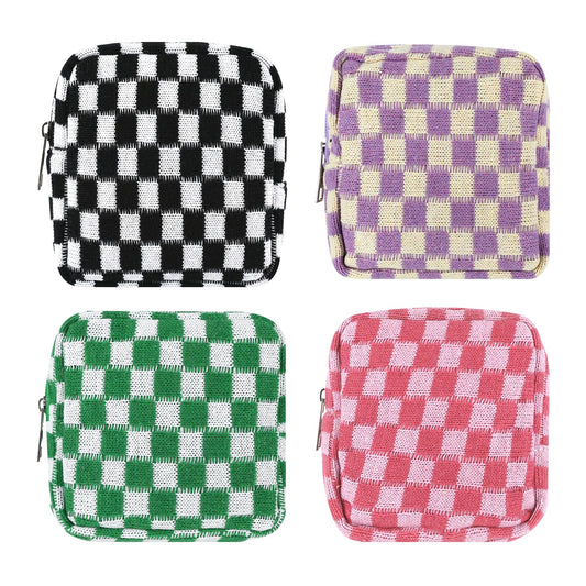 4 PCS Sanitary Napkin Storage Bag, Menstrual Pad Zipper Period Pouch Portable Period Bag Panty Liners, Pad Pouch with Zipper for Women Ladies Daily Use Purse Travel(Checkered,4 Colors)