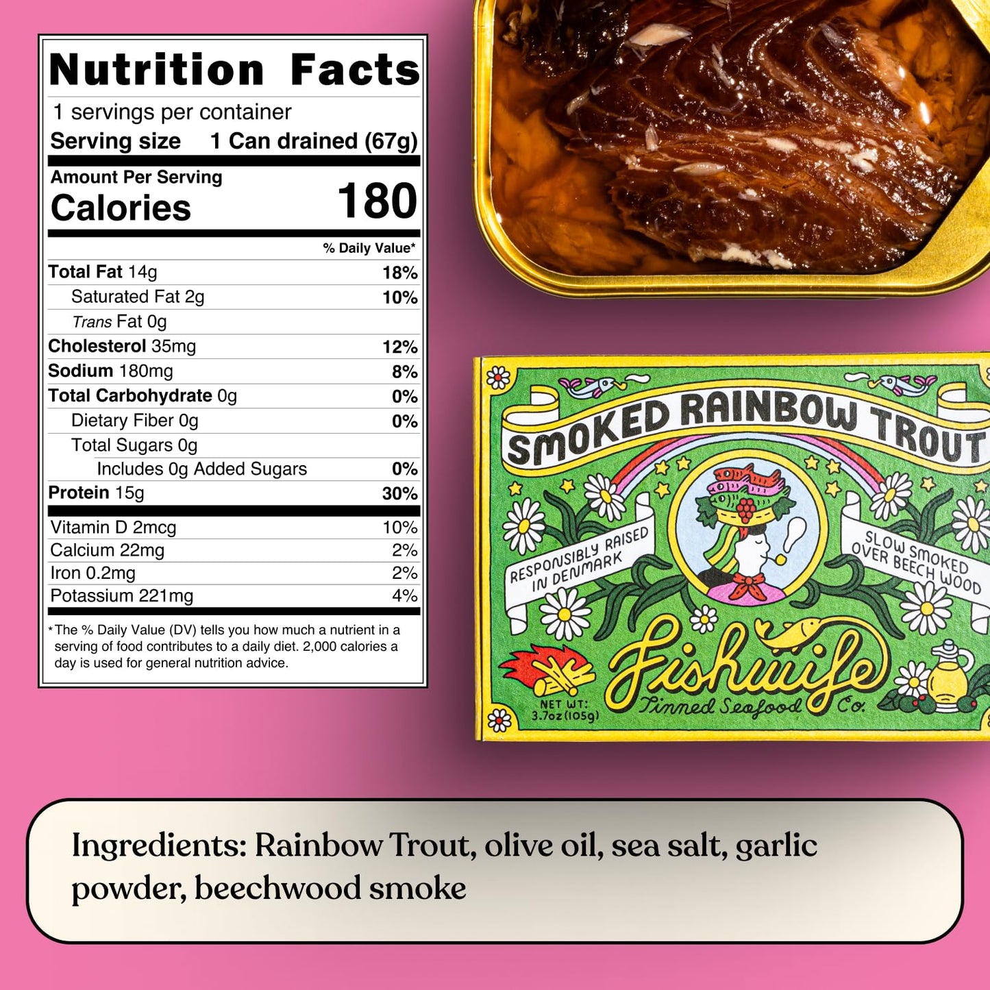 Fishwife Smoked Rainbow Trout 1-Pack (3.7 oz per tin) | ASC-Certified Sustainable Seafood, Gluten Free | Handpacked in BPA-NI Tins