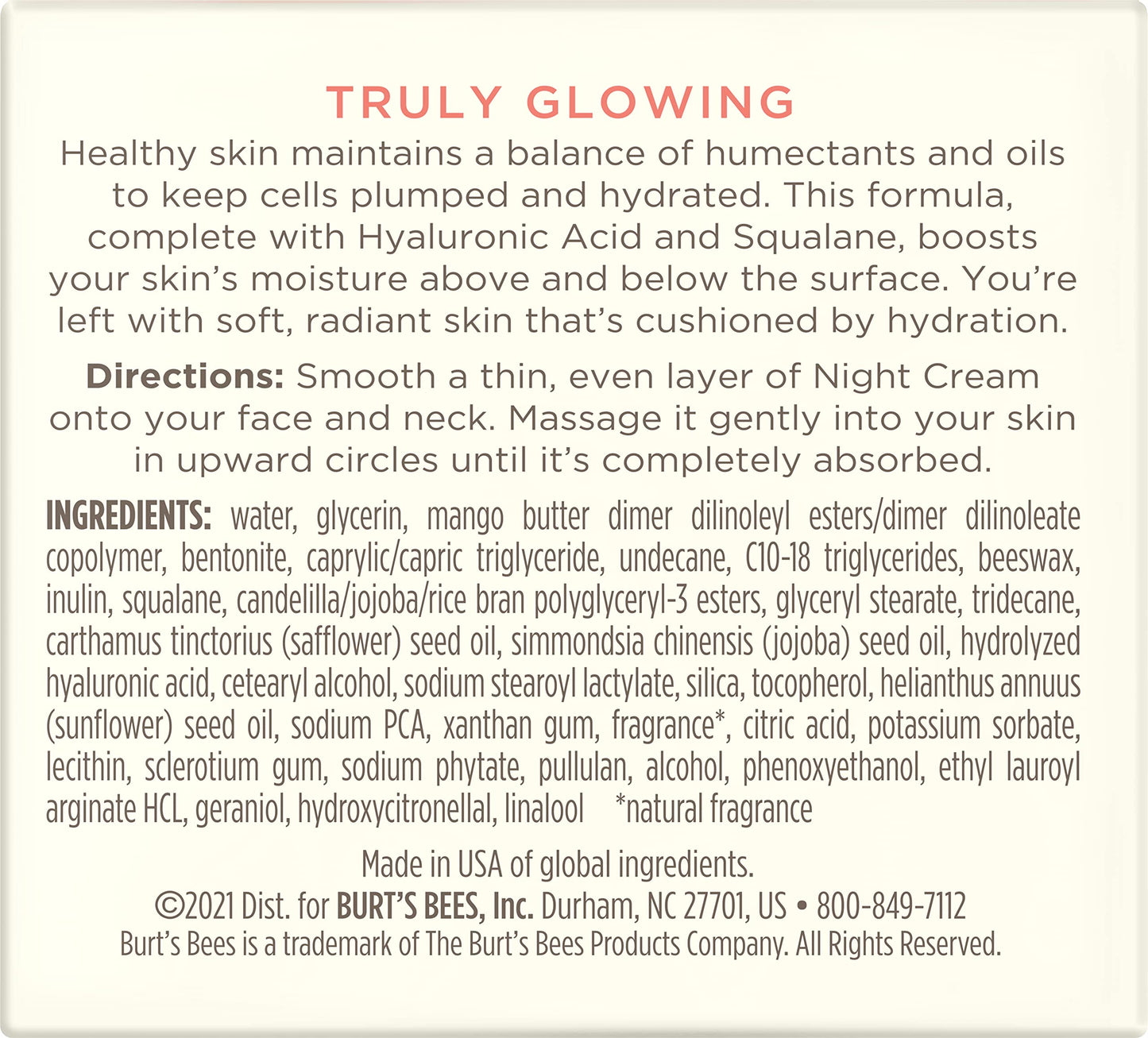 Burt's Bees Truly Glowing Night Cream Unisex 1.8 oz, White (I0115908)