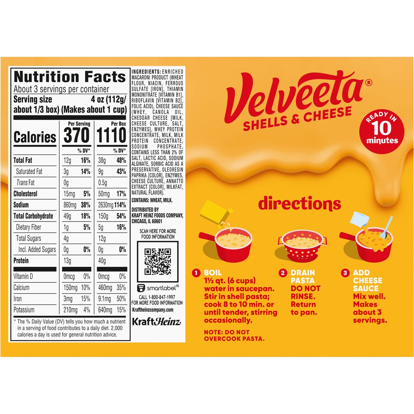 Velveeta Shells and Cheese Mac, 1 Box, for Easy Dinner or Dinner Sides, Original Flavor, Made with Real Cheese, 12 oz