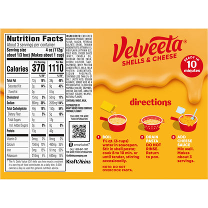 Velveeta Shells and Cheese Mac, 1 Box, for Easy Dinner or Dinner Sides, Original Flavor, Made with Real Cheese, 12 oz
