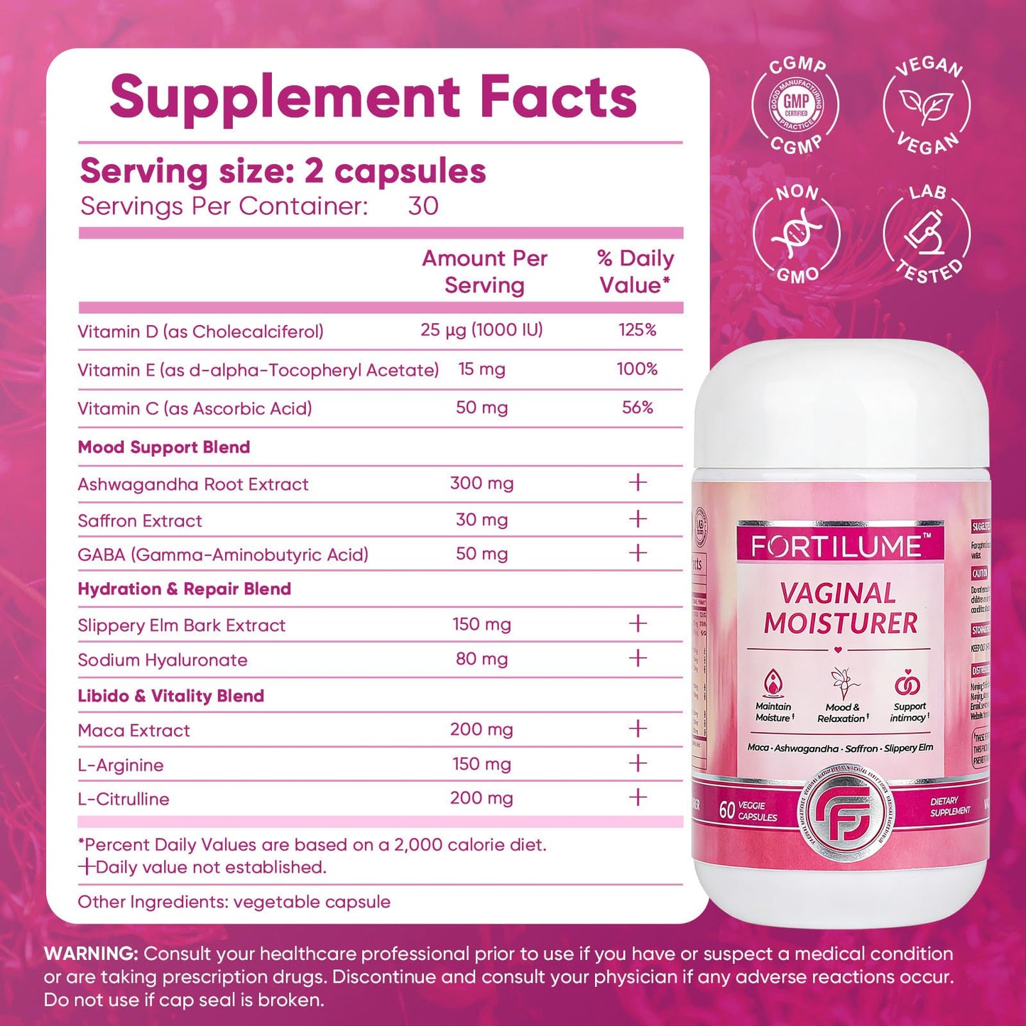 Vaginal Moisture & Mood Supplement for Women, Supports Natural Hydration, Hormonal Balance, with Maca Ashwagandha, Saffron, Slippery Elm, 60 Capsules