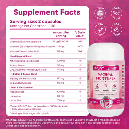Vaginal Moisture & Mood Supplement for Women, Supports Natural Hydration, Hormonal Balance, with Maca Ashwagandha, Saffron, Slippery Elm, 60 Capsules
