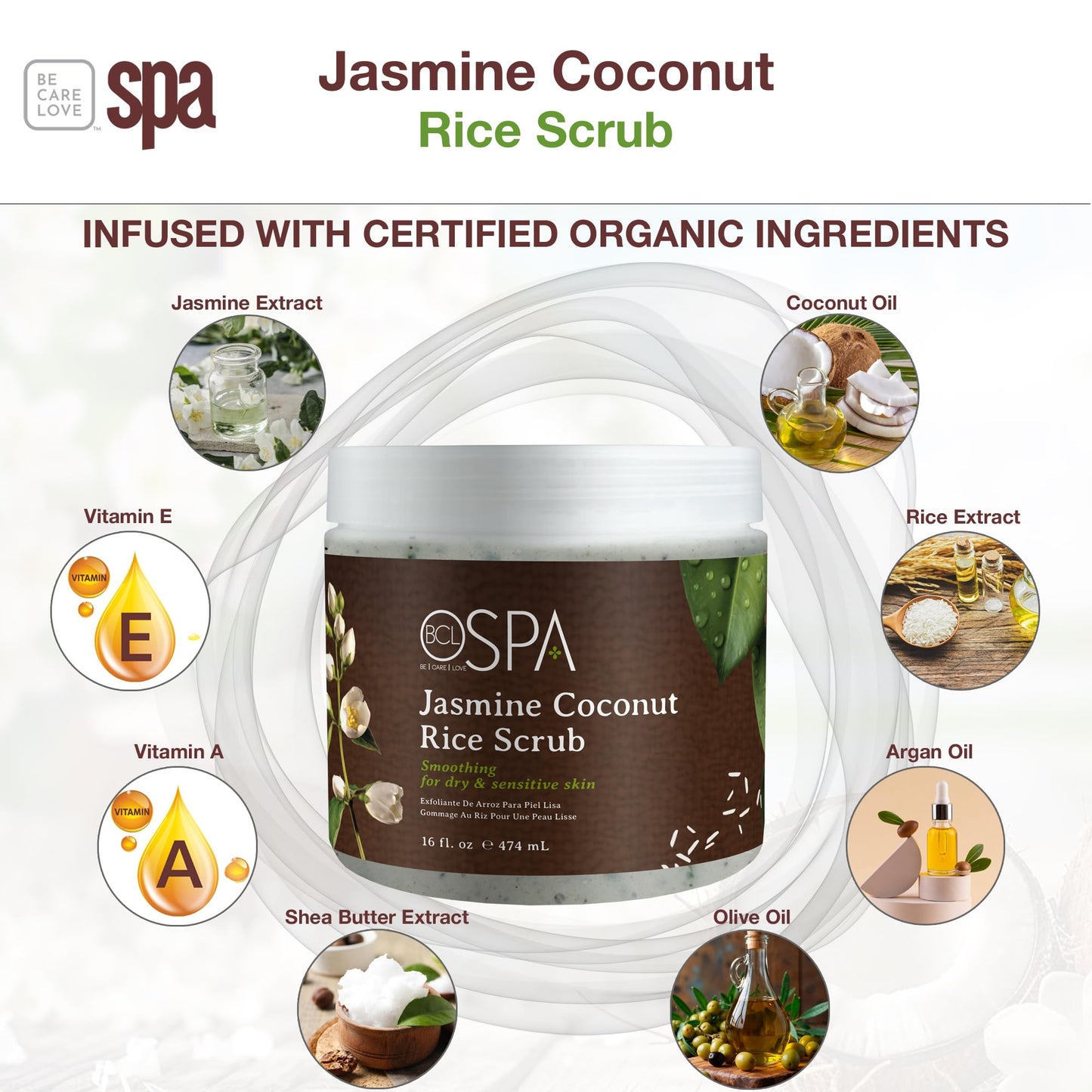 BCL SPA Rice Scrub, Jasmine Coconut, 16 Fl Oz