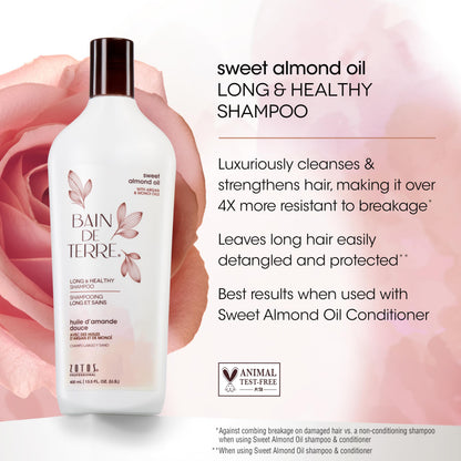 Bain de Terre Sweet Almond Oil Long & Healthy Shampoo, Strength & Protection for Weak, Damaged Hair, with Argan & Monoi Oils, Paraben-Free, Color-Safe, Vegan