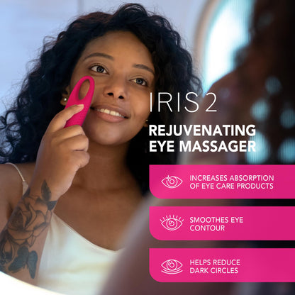 FOREO Eye Revive IRIS 2 Bundle - Lymphatic Drainage Eye Massager IRIS Hydrating Hydrogel Eye Mask, 60 pcs Dark Eye Circle Remover & Eye Bags Remover - Eye Puffiness Reducer - Fuchsia