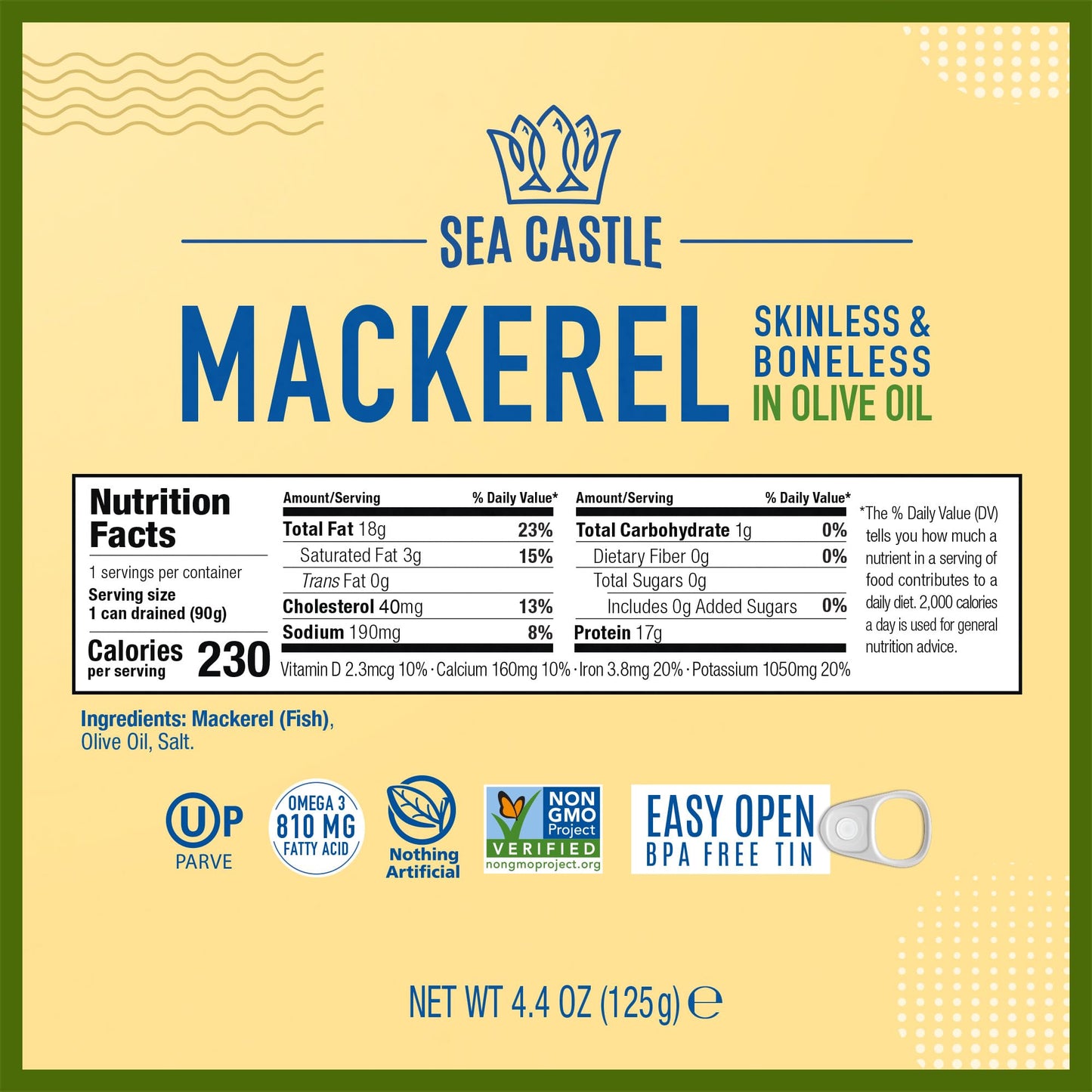 Sea Castle Mackerel in Olive Oil, 4.4oz (6 Pack) | Skinless & Boneless Canned Fish | Wild Caught Canned Mackerel Fillets | Packed with Vitamins | Non-GMO | Kosher