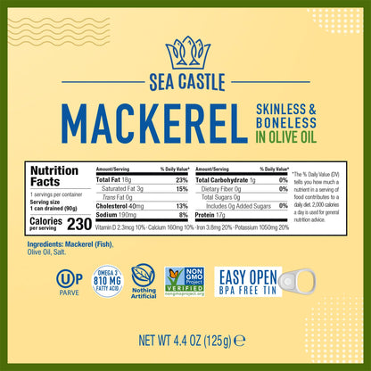 Sea Castle Mackerel in Olive Oil, 4.4oz (6 Pack) | Skinless & Boneless Canned Fish | Wild Caught Canned Mackerel Fillets | Packed with Vitamins | Non-GMO | Kosher