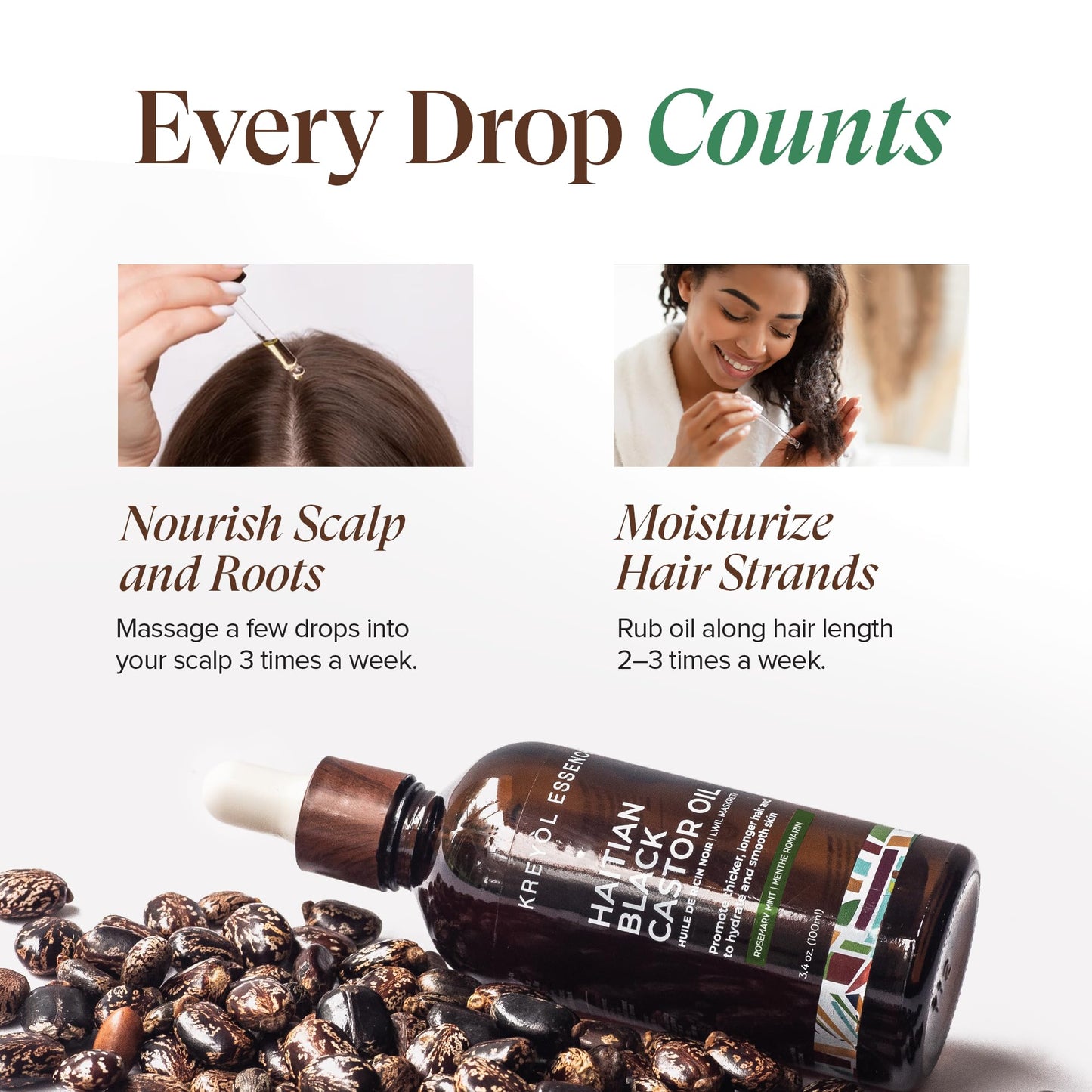 Kreyol Essence - Haitian Black Castor Oil for Skin and Hair, Glass Bottle - Cold Pressed Castor Oil, Fuller-Looking Hair, Hexane Free, Natural Humectant | 3.4 Fl Oz | Rosemary Peppermint