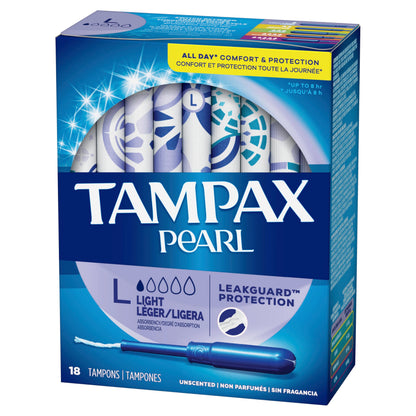 Tampax Pearl Tampons, Light Absorbency With Leakguard Braid, Unscented, 18Count