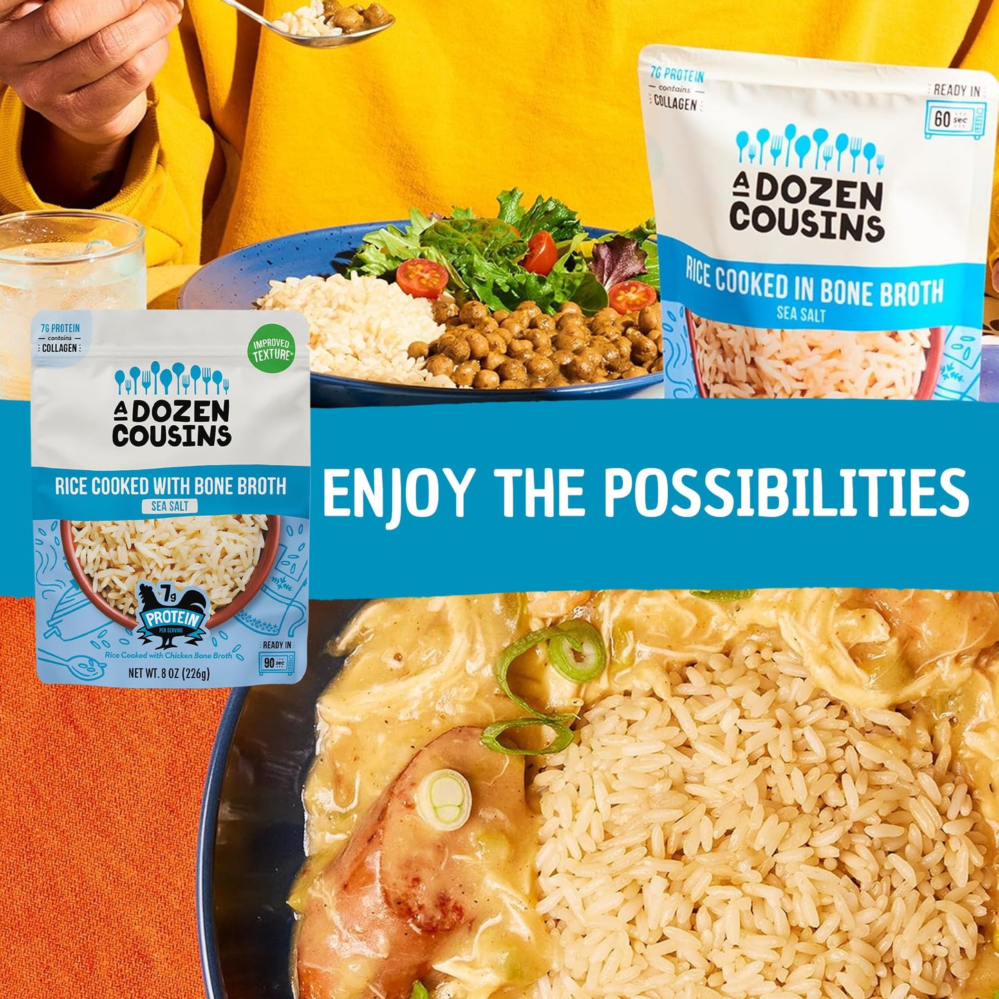 A Dozen Cousins Bone Broth Rice Variety 6pk, Ready to Eat Seasoned High Protein Rice, Clean Ingredients, Sea Salt, Classic, Spanish, Easy Side Dish, Halal, Chicken Bone Broth, Gluten Free, 8oz Packets