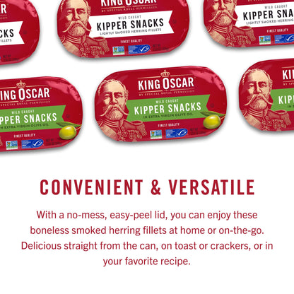 King Oscar Kipper Snacks, 3.54 Ounce Cans (Pack of 12), Lightly Smoked Herring Fillets, Wild Caught Canned Herring