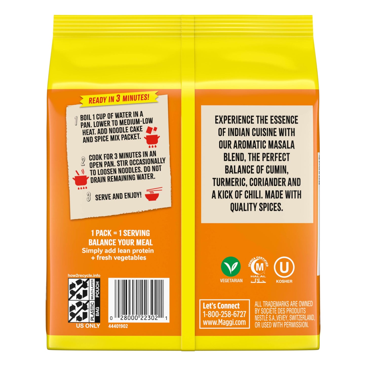 Maggi Classic Indian Masala Noodles, 3 min Indian Noodles, Mildly Spicy, Vegetarian, Halal, Kosher, 4 Pack