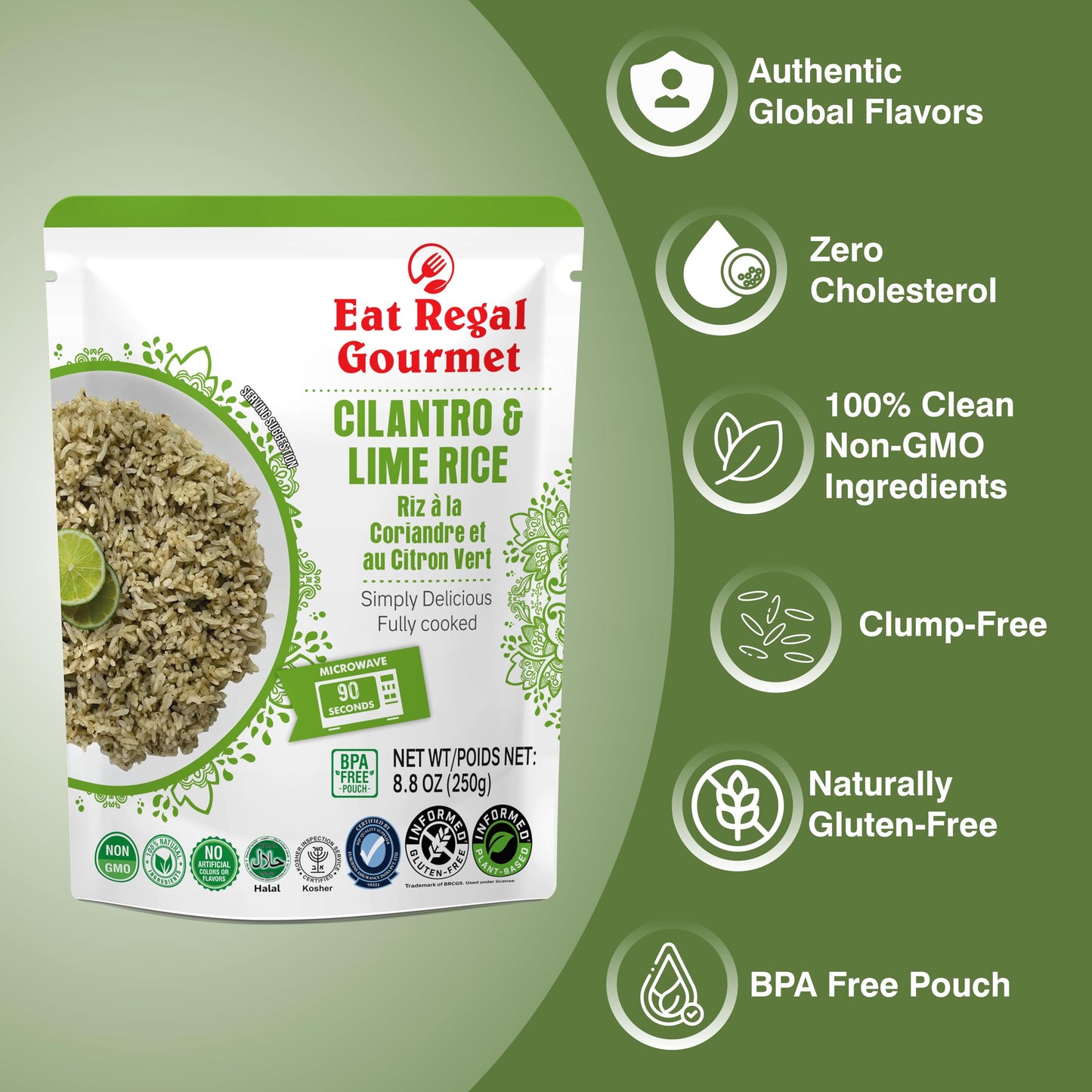 Eat Regal Cilantro & Lime Rice Ready to Eat in 1.5 Minutes Microwave Pouch, 7 Clean Non-GMO Ingredients, 6.6g Protein, No Clump & No Kneading, 8.8 oz – Shelf Stable Side Dish, 8.8oz Pack of 6
