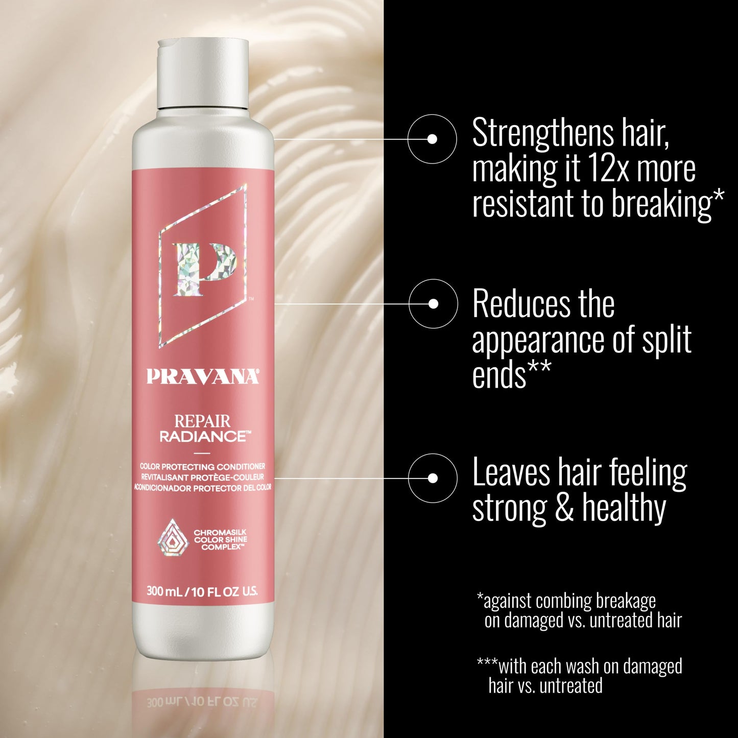 Pravana Repair Radiance Conditioner | Strengthens, Protects, Restores | For Damaged, Color Treated Hair | Reduces Breakage & Split Ends | Chromasilk Enhances Shine & Protection | Vegan | Paraben Free