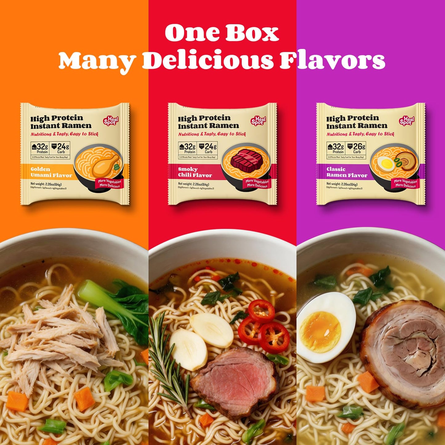Healspot High Protein Instant Ramen Variety Pack, 6 Pack Non Fried Ramen Broth, 32g Plant Based Protein, Low Fat, Low Carb, Non GMO, Keto Friendly & Plant Based (Golden-Chicken,Smoky-Beef,Classic-Pork）