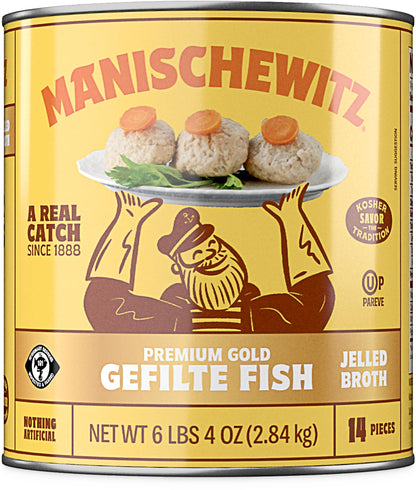 Manischewitz Premium Gold Gefilte Fish, (14 Pieces) in Jelled Broth, No MSG, Kosher for Passover