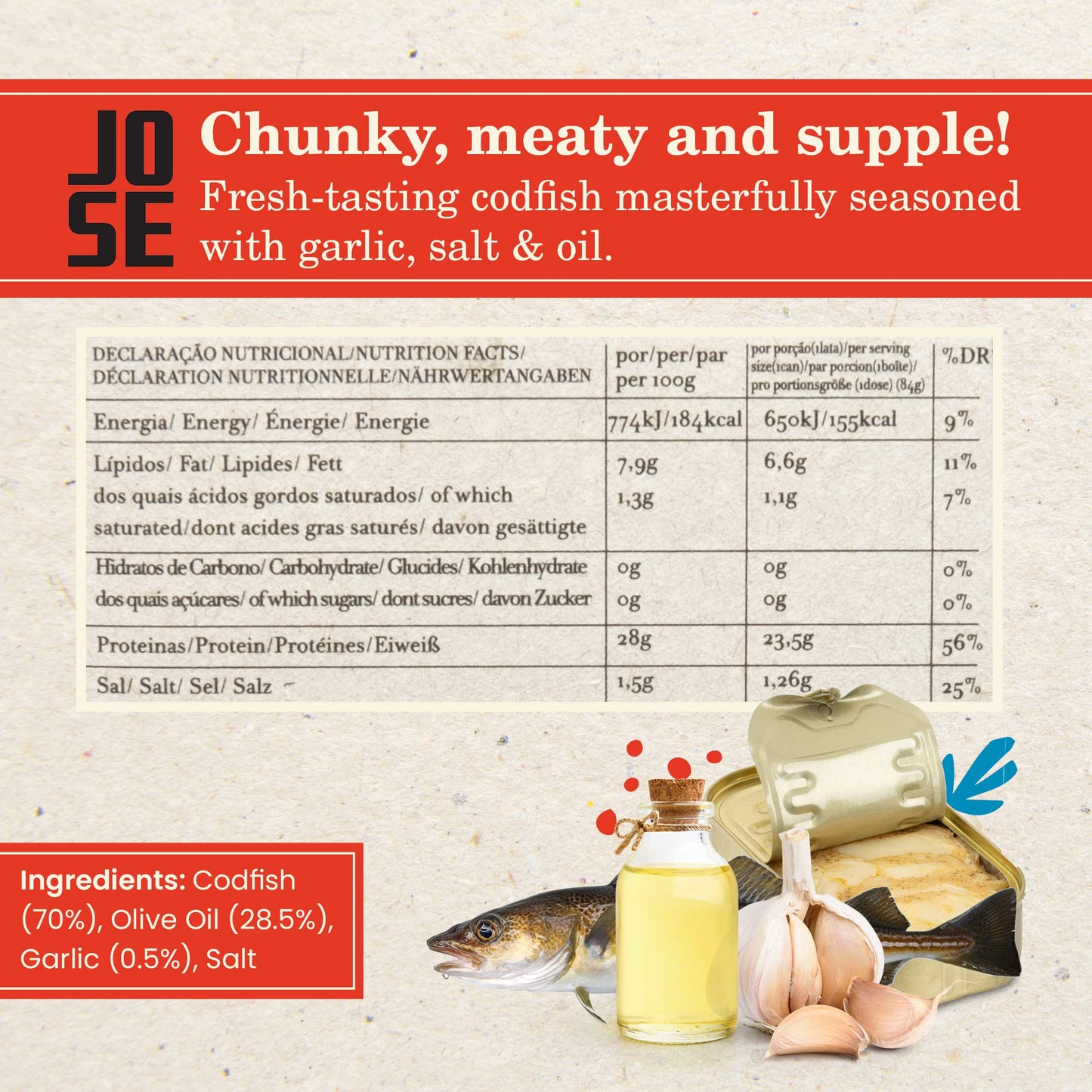 Codfish in Olive Oil and Garlic by Jose Gourmet, Wild Caught Portuguese Codfish, Canned Cod in Olive Oil, Omega 3, Fair Trade, 125g Can