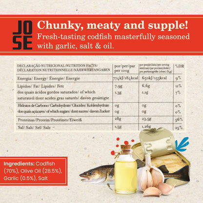 Codfish in Olive Oil and Garlic by Jose Gourmet, Wild Caught Portuguese Codfish, Canned Cod in Olive Oil, Omega 3, Fair Trade, 125g Can