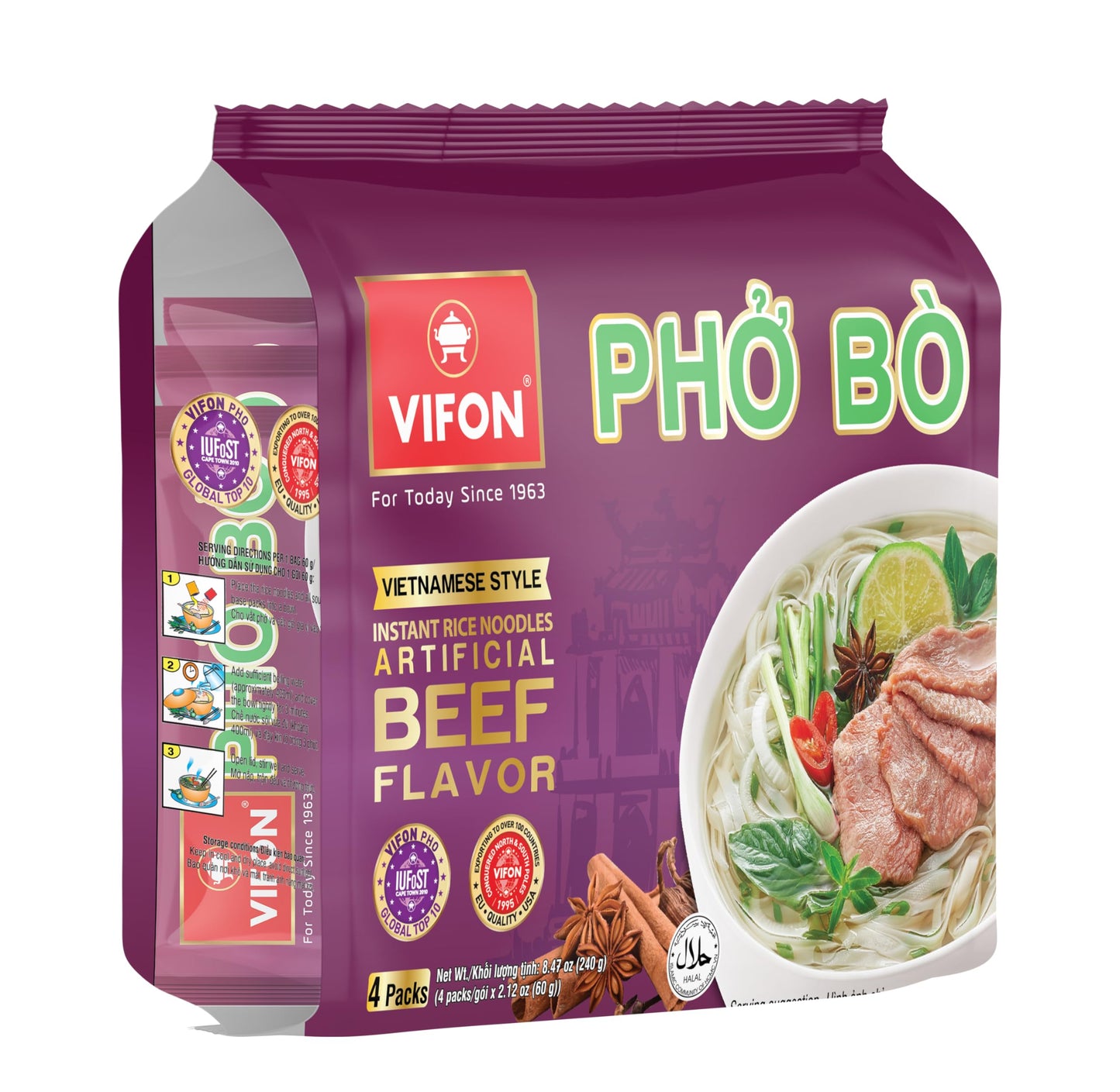VIFON Phở Bò Vietnamese Style Instant Rice Noodles, 2.11 oz (Pack of 4) | Halal Certified | Authentic Vietnamese Phở | Ready in 3 Minutes
