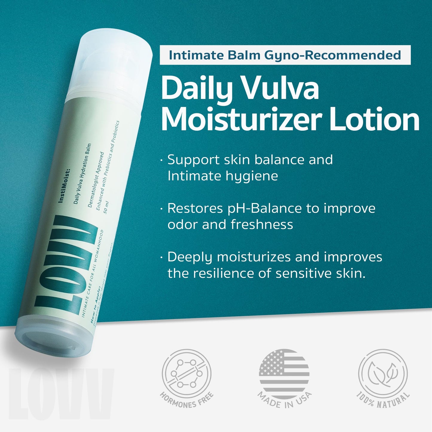 LOVV Instimoist Vulva |2 Oz| Moisturizer Lotion Fast Absorbing with Hyaluronic Acid Prebiotics and Probiotics for Daily Feminine Care Soothes Dryness and Restores Balance to Sensitive Intimate Skin