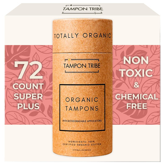 Tampon Tribe Super Plus Organic Tampons for Women | 72 Non-Toxic Tampons | Natural 100% Organic Cotton, Hypoallergenic, Metal and Chemical Free with Biodegradable Applicator | (72 Count - Super +)