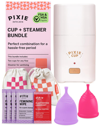 Pixie Menstrual Cups with Sterilizer - The Most Comfortable Soft Reusable Period Cup - Kills 99.9% of Germs with Clean Steam - Wash Your Cup in 3 Minutes! - Compact Sanitizer Kit for Feminine Care