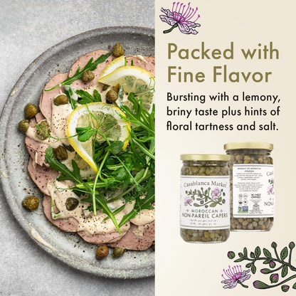 Casablanca Market Moroccan Capers Non Pareil — Handpicked, Premium Capers Jar in Pure Brine — Non-GMO, Plant-Based, Kosher, Halal-Friendly, No Preservatives — For Pasta, Sauces, Meat & More, 1-Pack