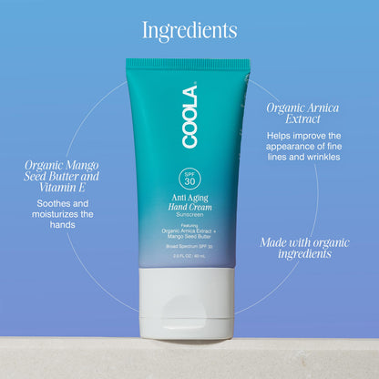 COOLA Anti-Aging Hand Cream with SPF 30, Dermatologist Tested Sunscreen, Mango Seed Butter, Vitamin E, Organic Arnica, Deeply Nourishing, Visibly Smooths Skin, 2 Fl Oz