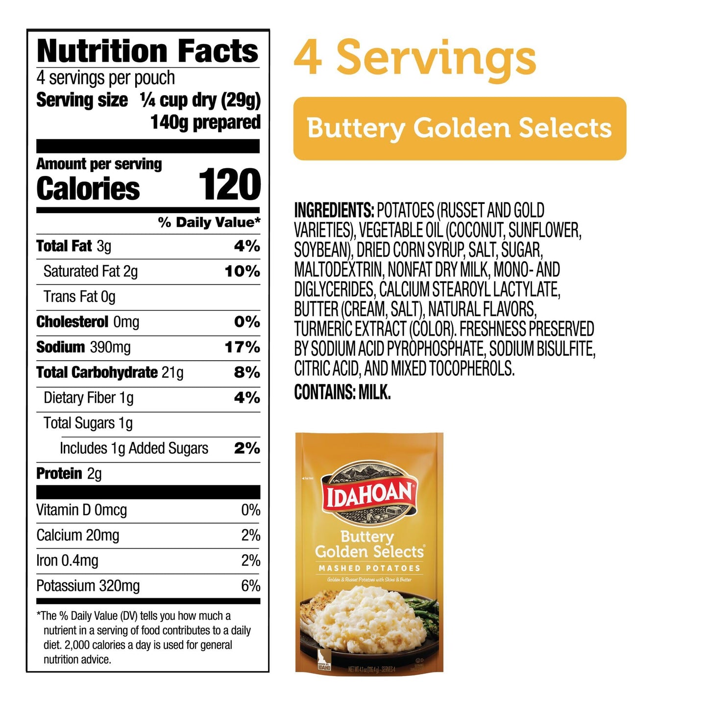 Idahoan Buttery Golden Selects Mashed Potatoes, Naturally Gluten-Free, 100% Real Idaho Potatoes, 4 Servings Per Bag, 4.1 Ounce (Pack of 10)