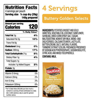 Idahoan Buttery Golden Selects Mashed Potatoes, Naturally Gluten-Free, 100% Real Idaho Potatoes, 4 Servings Per Bag, 4.1 Ounce (Pack of 10)