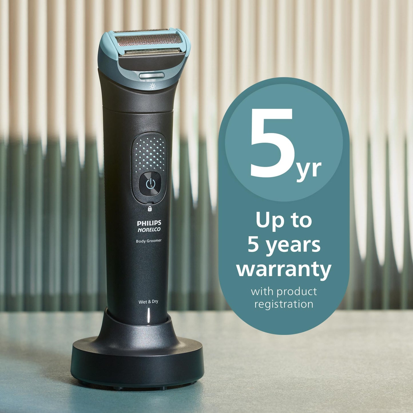 Philips Norelco Body Groomer 9000 Series, Intimate Trimmer for Bi-directional Use & Waterproof Wet Dry Body Shaver System with Foldable Back Attachment & UV Cube Cleaner, BG9485/50