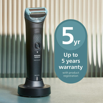 Philips Norelco Body Groomer 9000 Series, Intimate Trimmer for Bi-directional Use & Waterproof Wet Dry Body Shaver System with Foldable Back Attachment & UV Cube Cleaner, BG9485/50