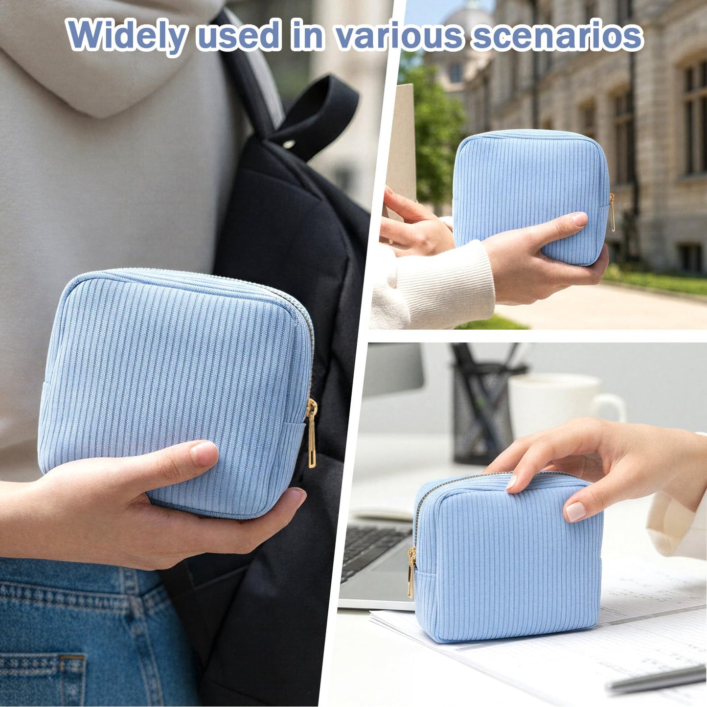 Period Bag for School,Blue Pouch for Pads,Mini Corduroy Feminine Product Bag,Portable Tampon Pouch with Zipper,for Purse, First Period for Women Ladies(Blue)