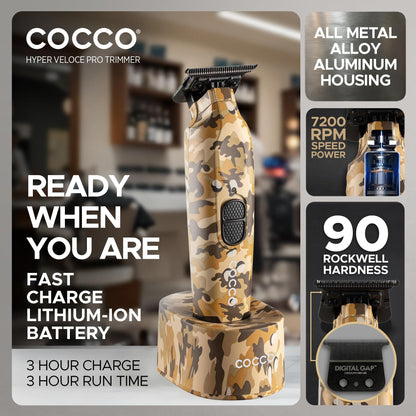 Cocco Hyper Veloce Pro Trimmer, Digital Gap Graphene Blade Edger, High-Torque Brushless BLDC Motor, Cordless, All-Metal Design, Lithium-Ion Battery, Charging Base Included (Camo)