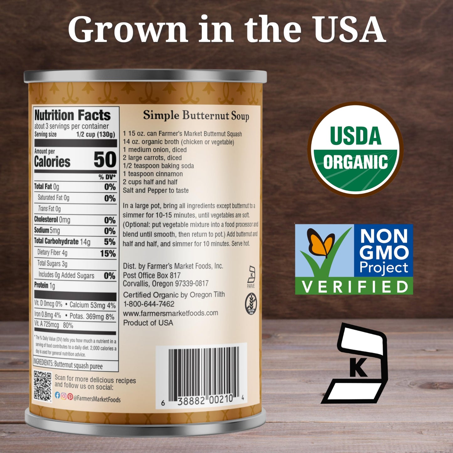 Farmer's Market Foods Organic Butternut Squash Puree, Kosher, USDA Certified Organic, Gluten Free & Non-GMO, 15 Ounce (Pack of 12)