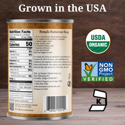 Farmer's Market Foods Organic Butternut Squash Puree, Kosher, USDA Certified Organic, Gluten Free & Non-GMO, 15 Ounce (Pack of 12)