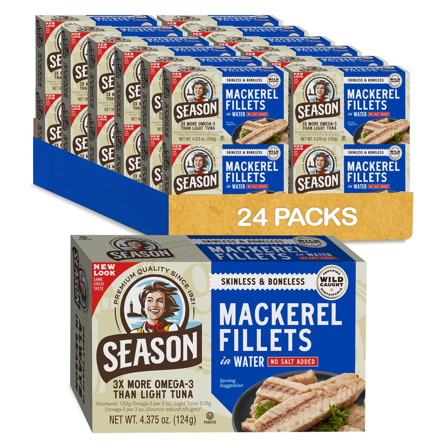 Season Mackerel in Water - Skinless & Boneless, No Salt Added, Wild Caught, Keto Snacks, Canned Mackerel Fillets, Full of Vitamins, Low in Mercury, Kosher, Non-GMO, 20g of Protein - 4.37 Oz, 24-Pack