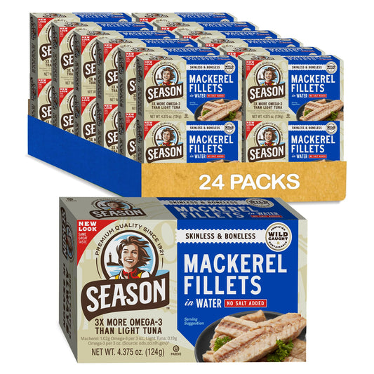 Season Mackerel in Water - Skinless & Boneless, No Salt Added, Wild Caught, Keto Snacks, Canned Mackerel Fillets, Full of Vitamins, Low in Mercury, Kosher, Non-GMO, 20g of Protein - 4.37 Oz, 24-Pack